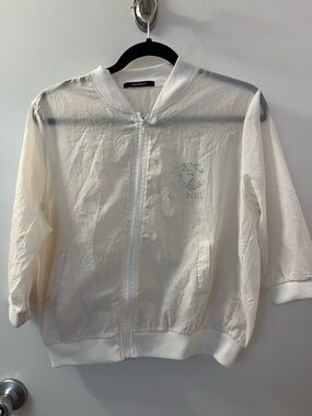 Color Swatch White Rhinestone Logo Bomber Jacket with rhinestones